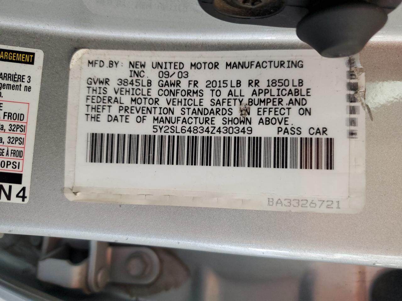 2004 Pontiac Vibe VIN: 5Y2SL64834Z430349 Lot: 63217785