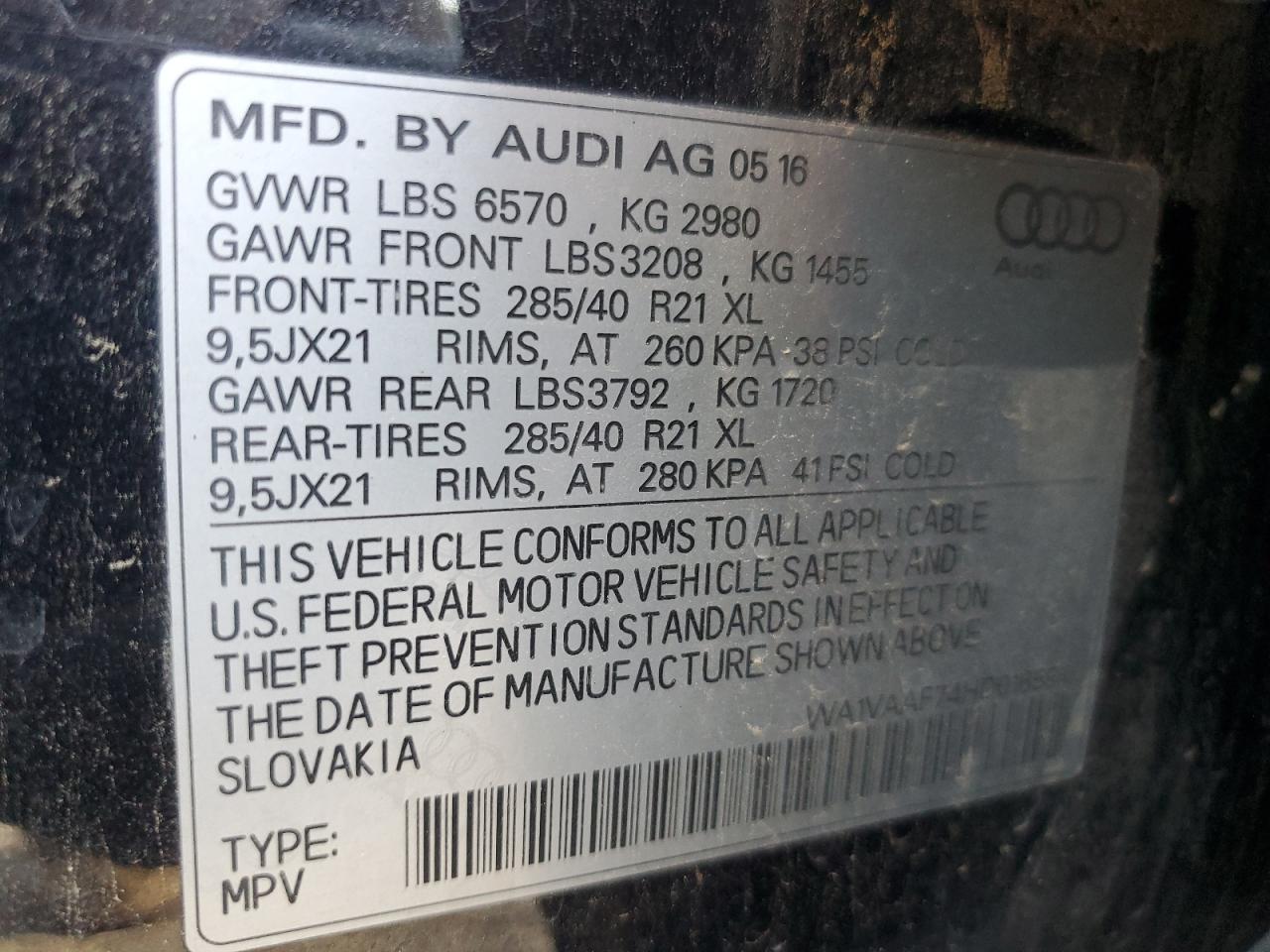 2017 Audi Q7 Prestige VIN: WA1VAAF74HD016584 Lot: 61067805