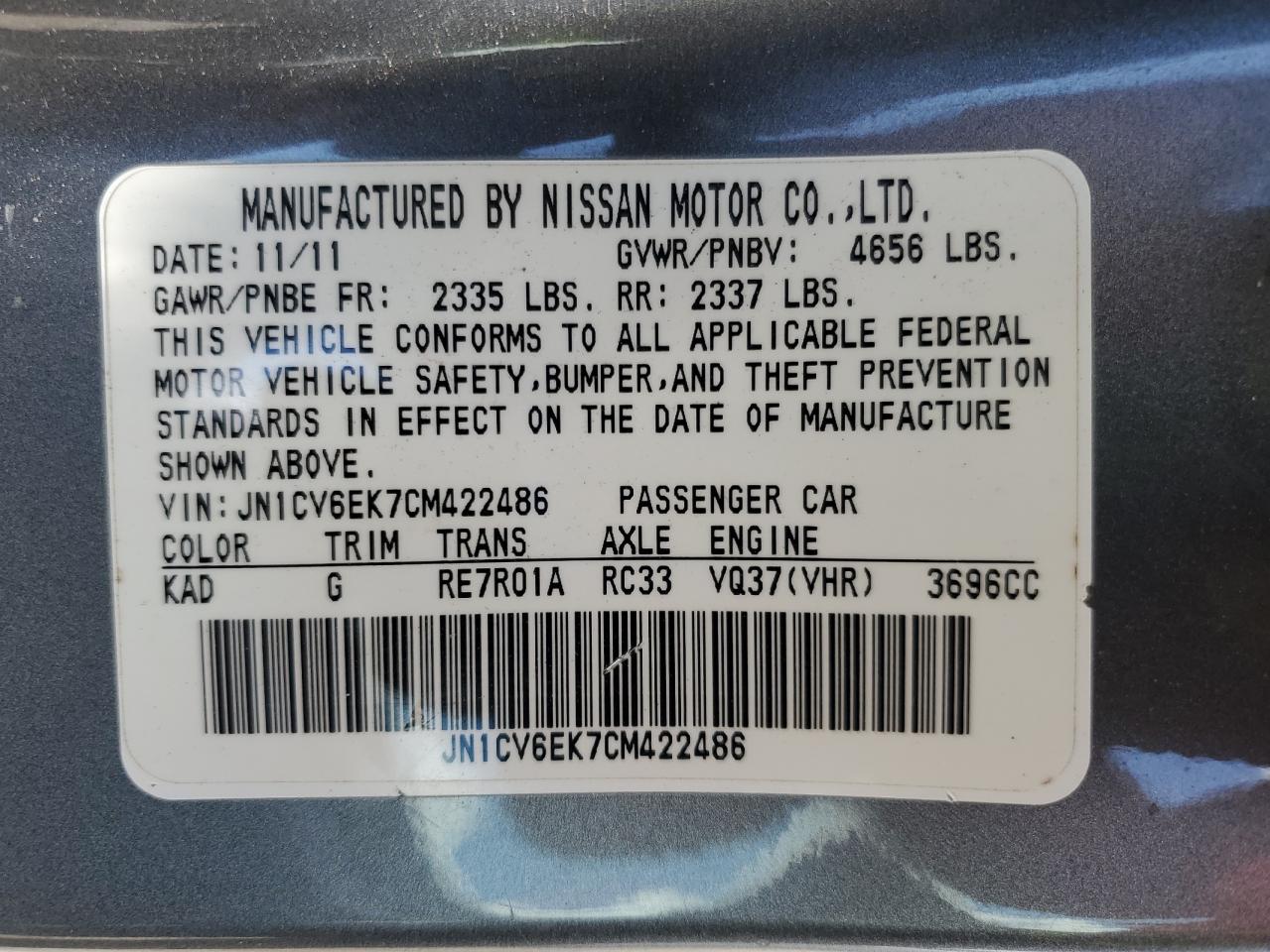 2012 Infiniti G37 Base VIN: JN1CV6EK7CM422486 Lot: 63485235