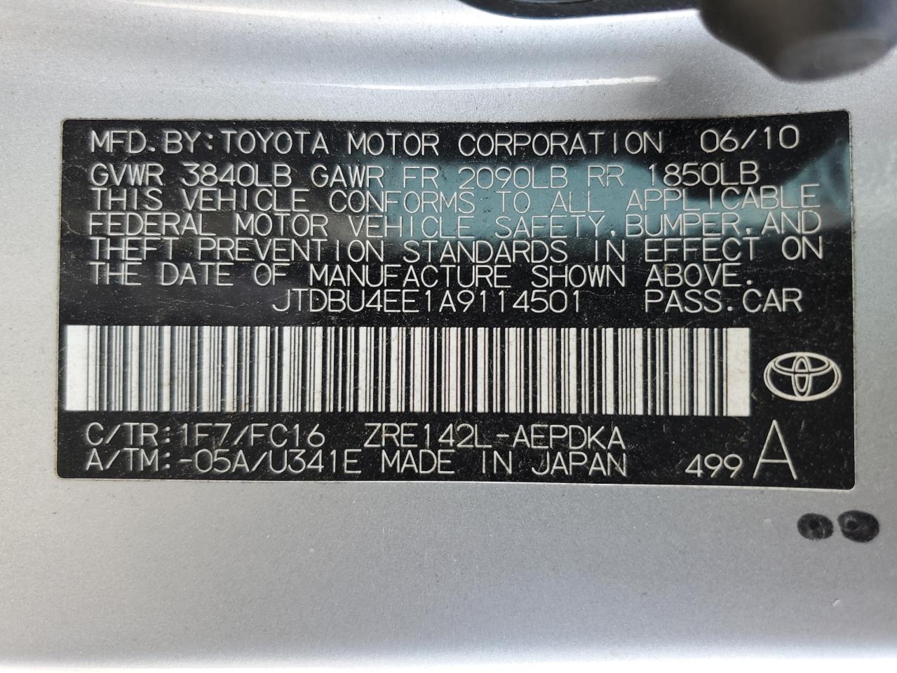 2010 Toyota Corolla Base VIN: JTDBU4EE1A9114501 Lot: 64073335