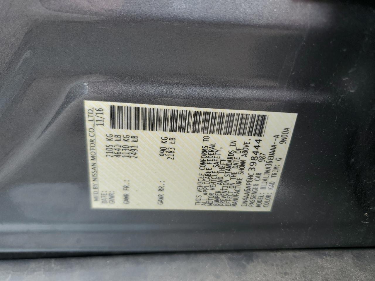 2017 Nissan Maxima 3.5S VIN: 1N4AA6AP6HC398444 Lot: 63678375