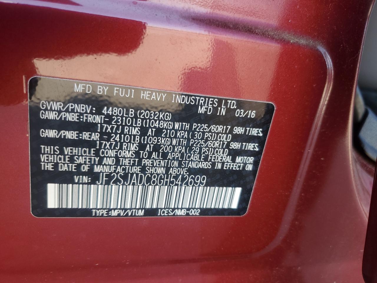 2016 Subaru Forester 2.5I Premium VIN: JF2SJADC8GH542699 Lot: 63393505