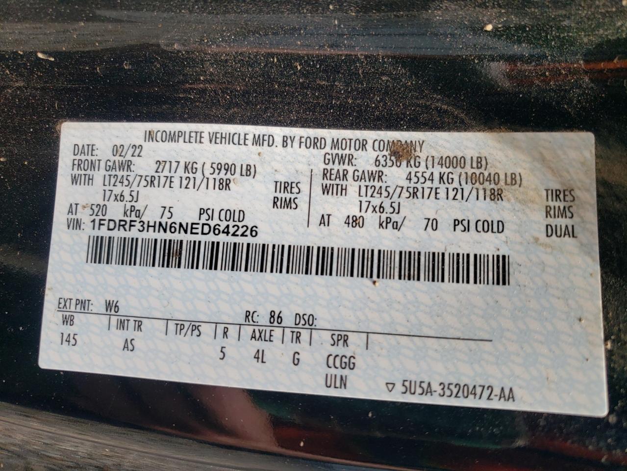 2022 Ford F350 Super Duty VIN: 1FDRF3HN6NED64226 Lot: 64969105