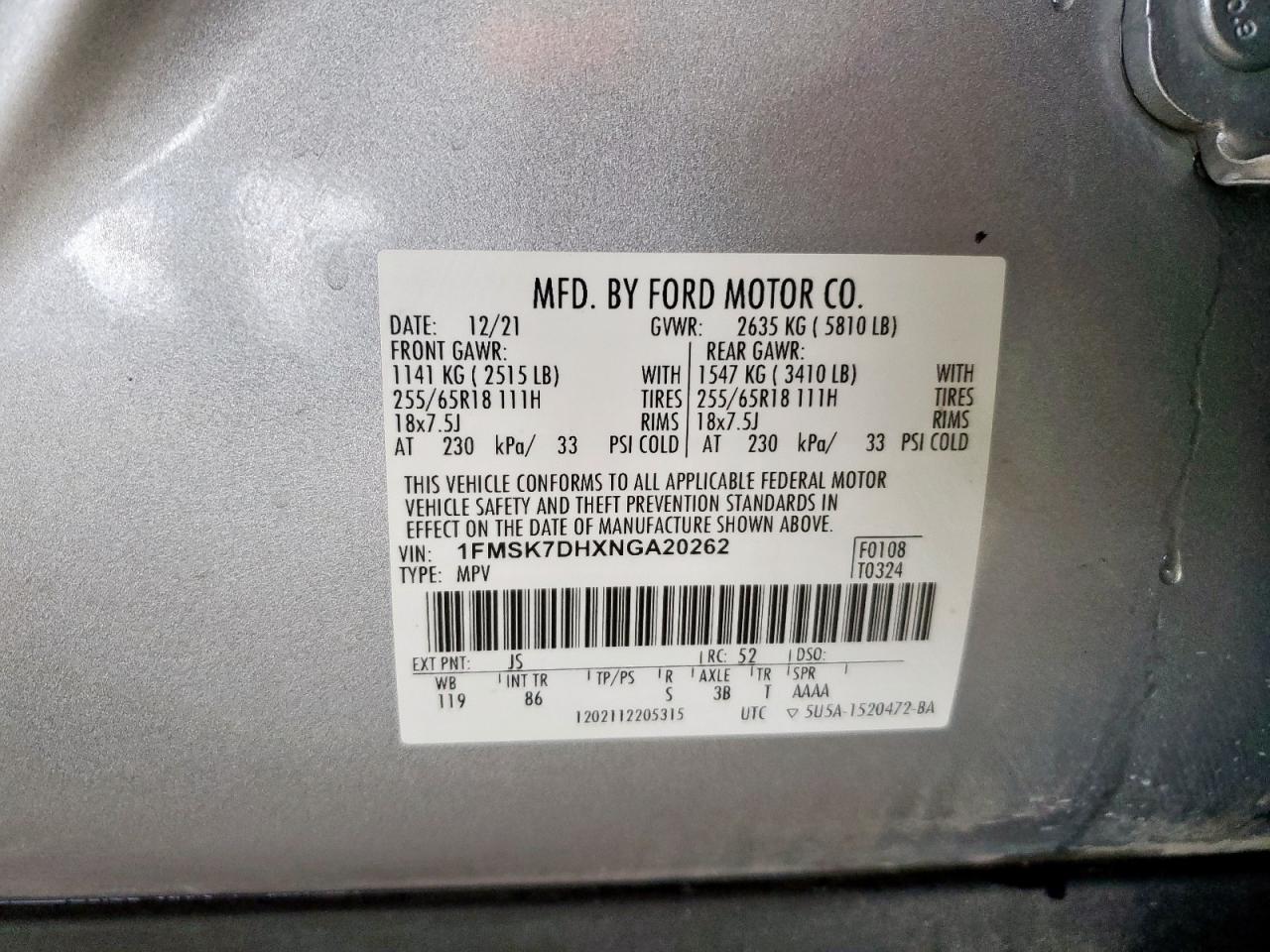 2022 Ford Explorer Xlt VIN: 1FMSK7DHXNGA20262 Lot: 64230265