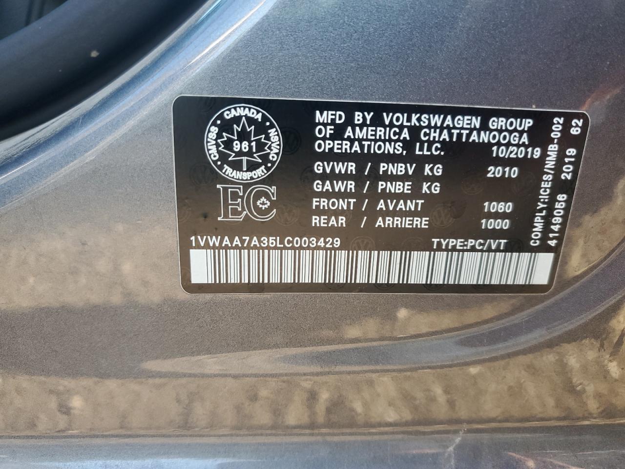2020 Volkswagen Passat S VIN: 1VWAA7A35LC003429 Lot: 64452765