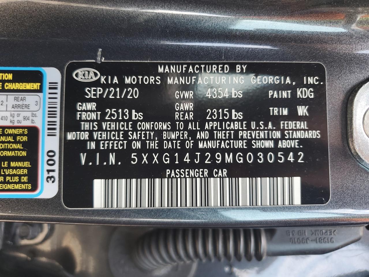 2021 Kia K5 Lxs VIN: 5XXG14J29MG030542 Lot: 66977095