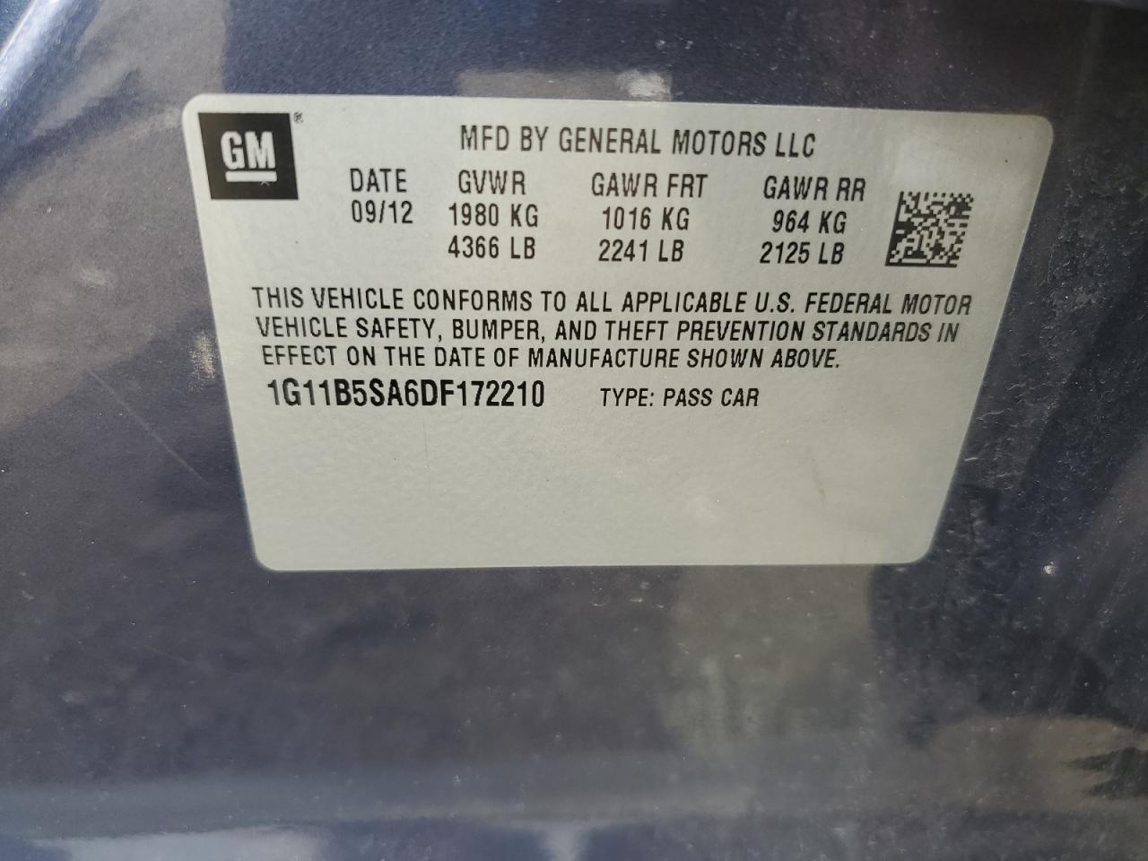 2013 Chevrolet Malibu Ls VIN: 1G11B5SA6DF172210 Lot: 65147555