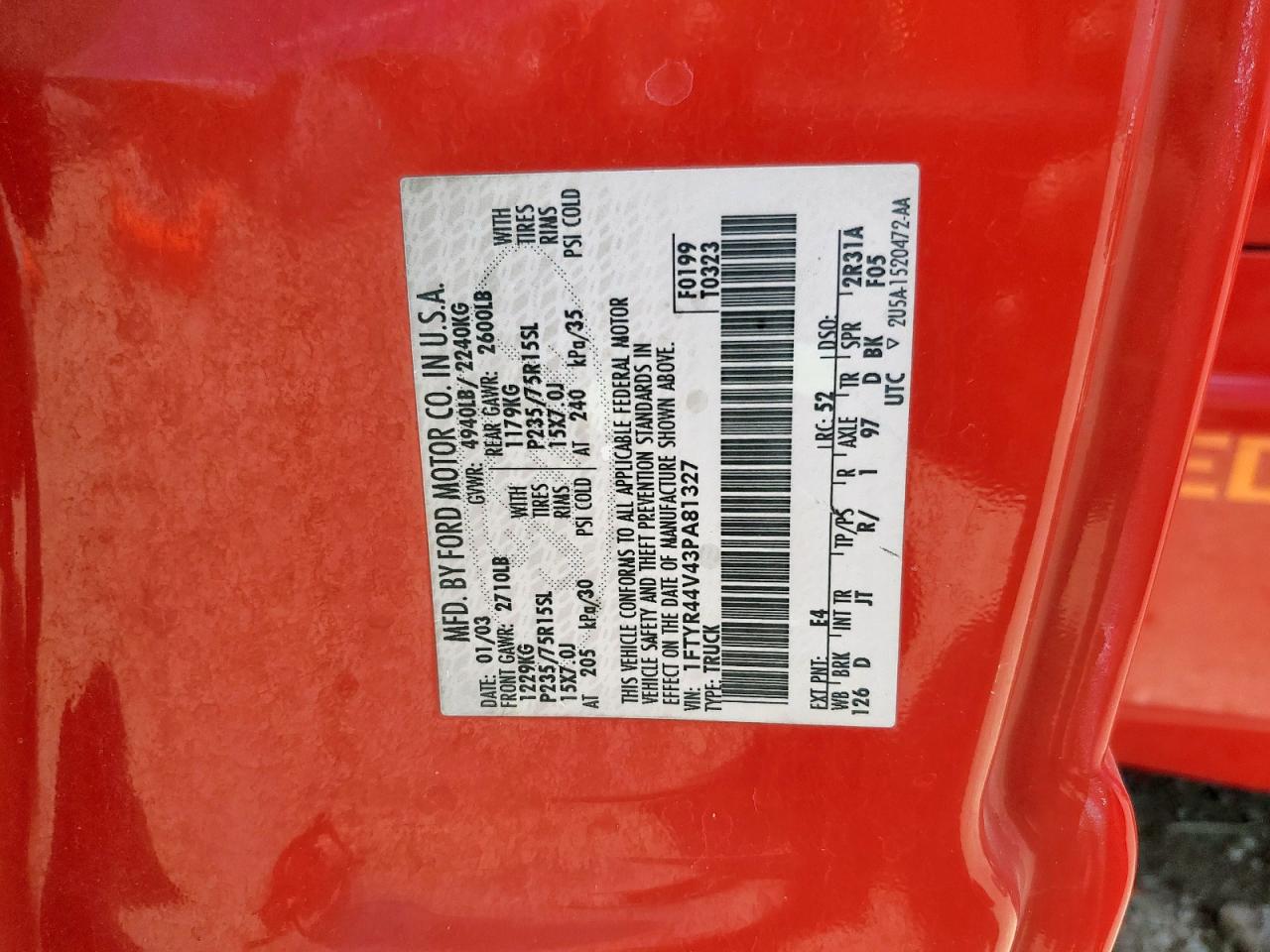 2003 Ford Ranger Super Cab VIN: 1FTYR44V43PA81327 Lot: 64392935