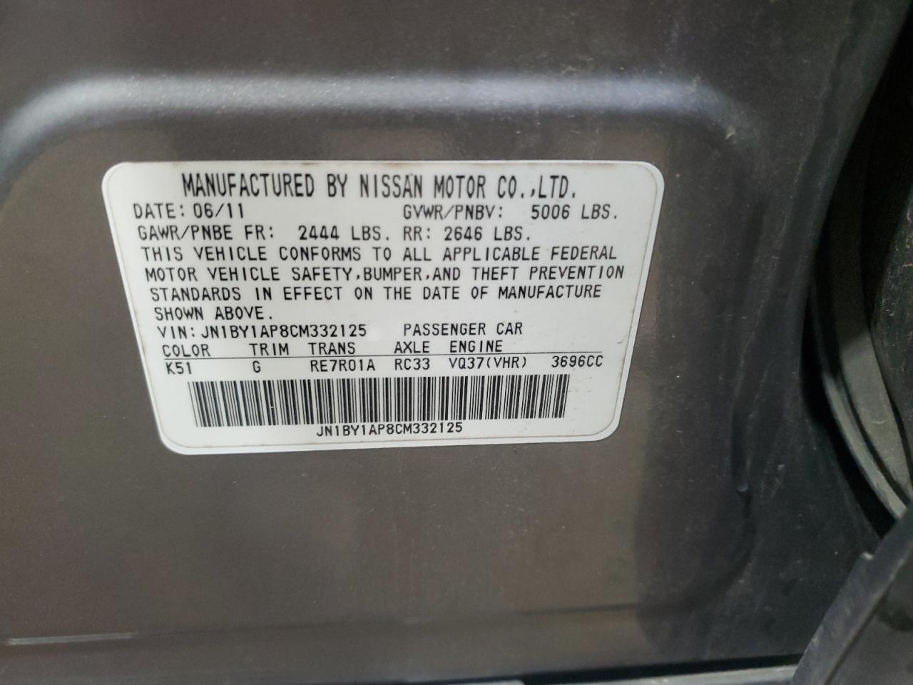 2012 Infiniti M37 VIN: JN1BY1AP8CM332125 Lot: 65040205