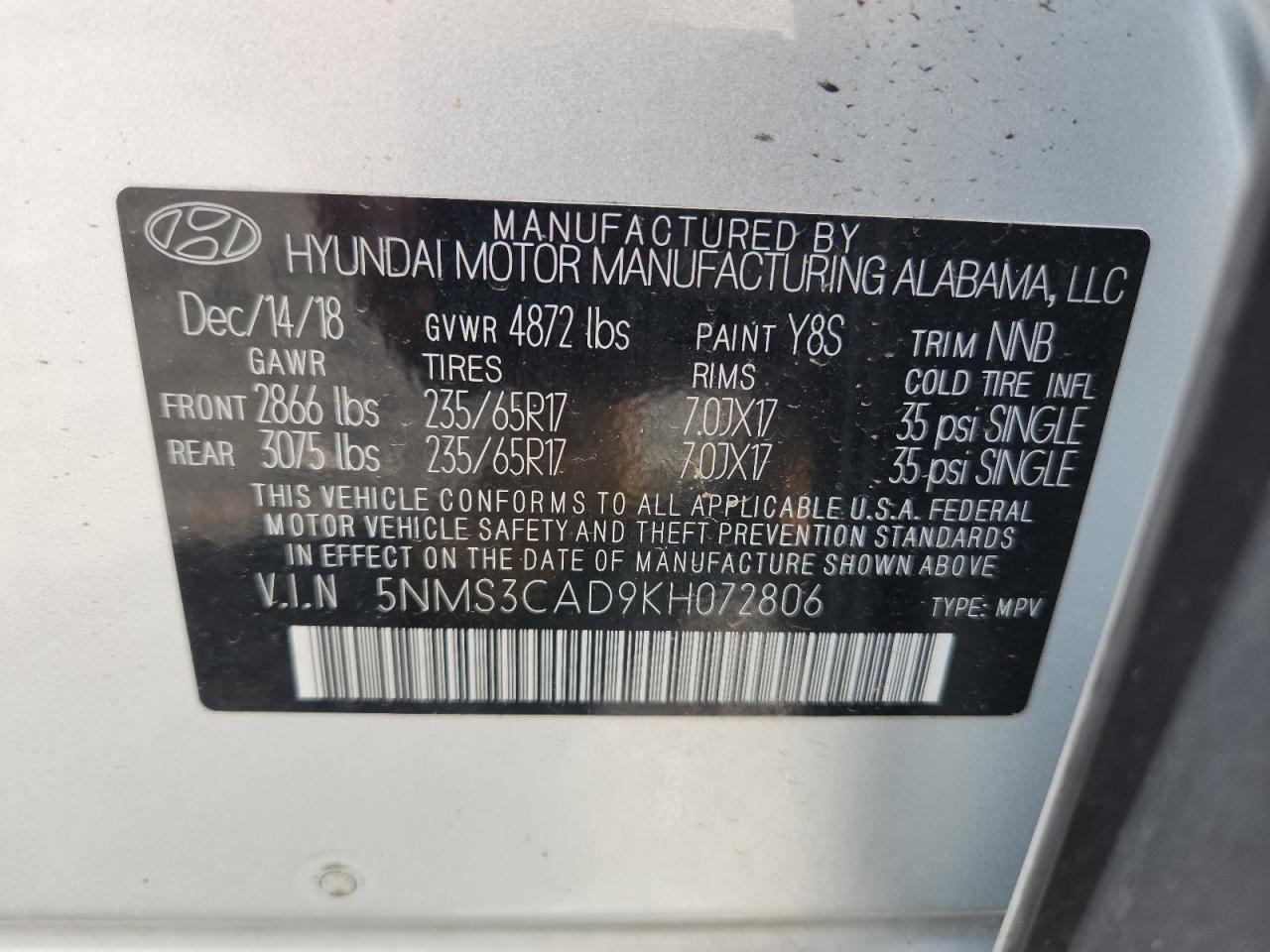 2019 Hyundai Santa Fe Sel VIN: 5NMS3CAD9KH072806 Lot: 64748215