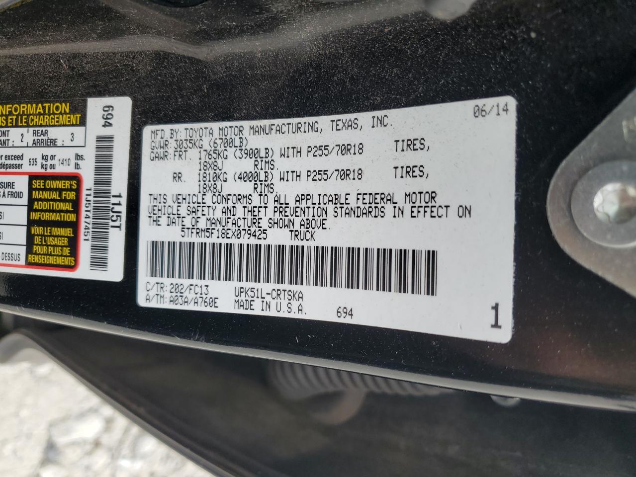 2014 Toyota Tundra Double Cab Sr VIN: 5TFRM5F18EX079425 Lot: 64361145