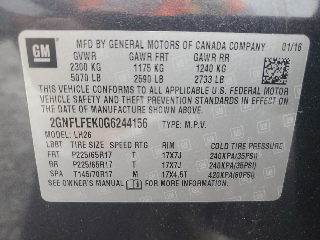 2016 Chevrolet Equinox Lt VIN: 2GNFLFEK0G6244156 Lot: 64841235
