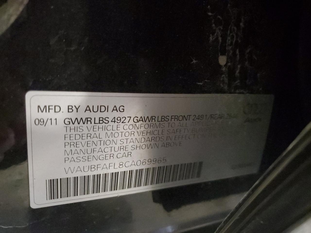 2012 Audi A4 Premium VIN: WAUBFAFL8CA069965 Lot: 64884345