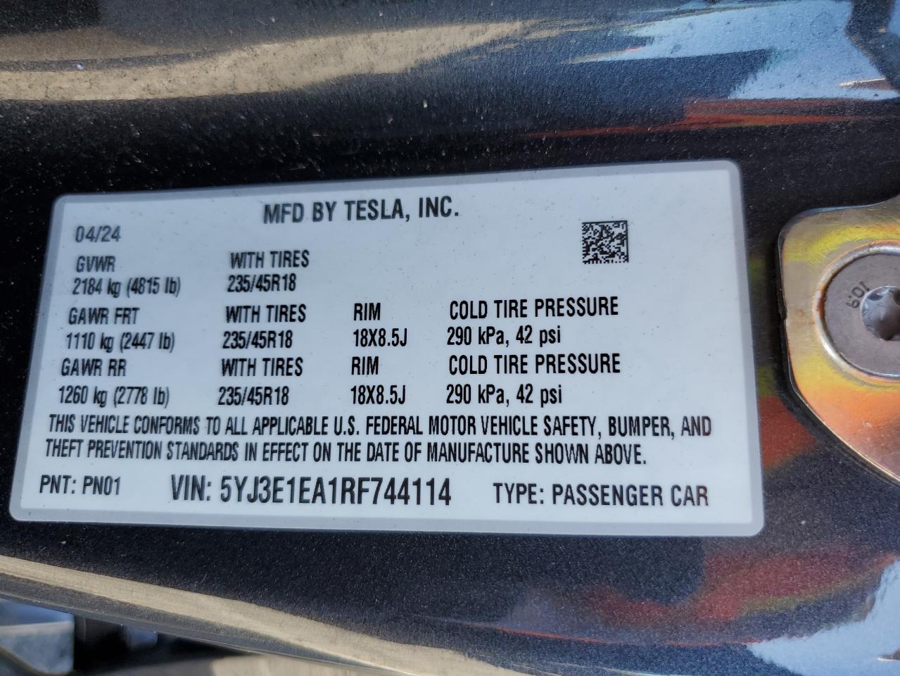 2024 Tesla Model 3 VIN: 5YJ3E1EA1RF744114 Lot: 63095935