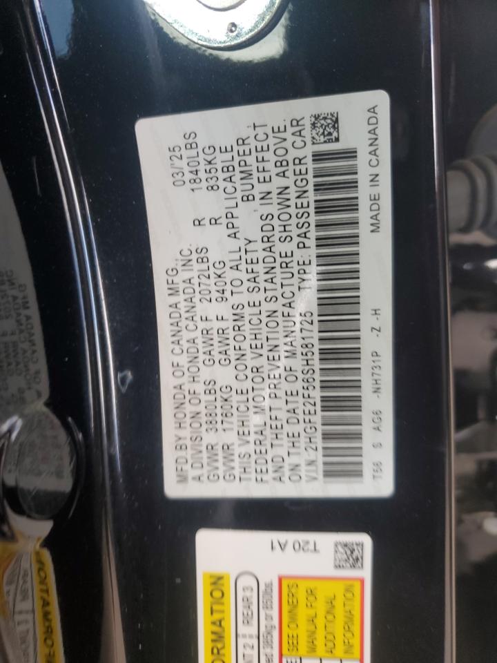 2025 Honda Civic Sport VIN: 2HGFE2F56SH581725 Lot: 65151905