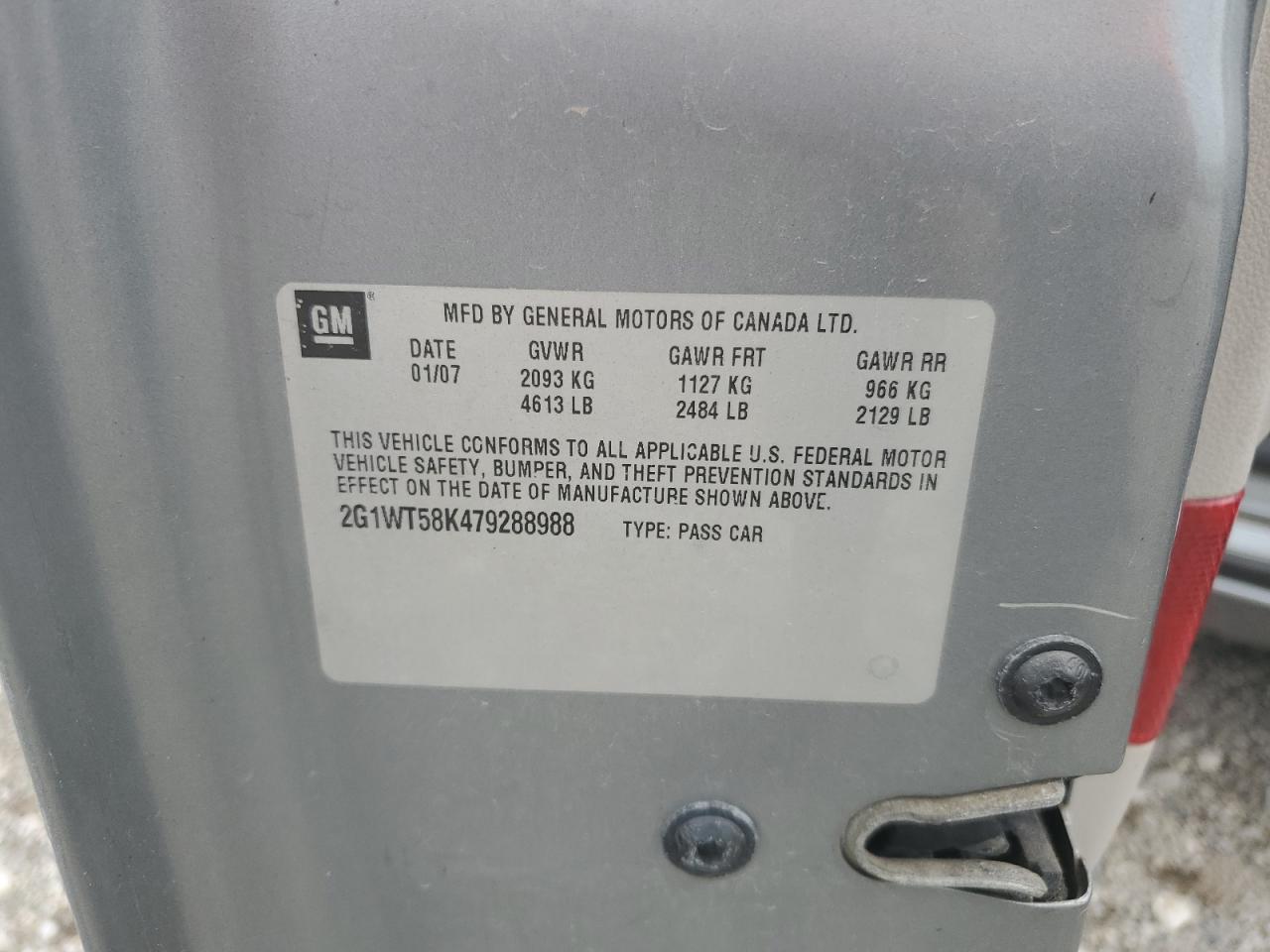 2007 Chevrolet Impala Lt VIN: 2G1WT58K479288988 Lot: 65716065