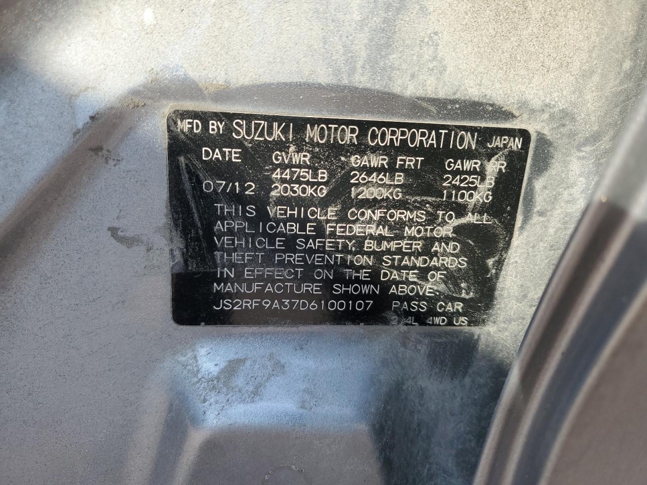 2013 Suzuki Kizashi Se VIN: JS2RF9A37D6100107 Lot: 63061575