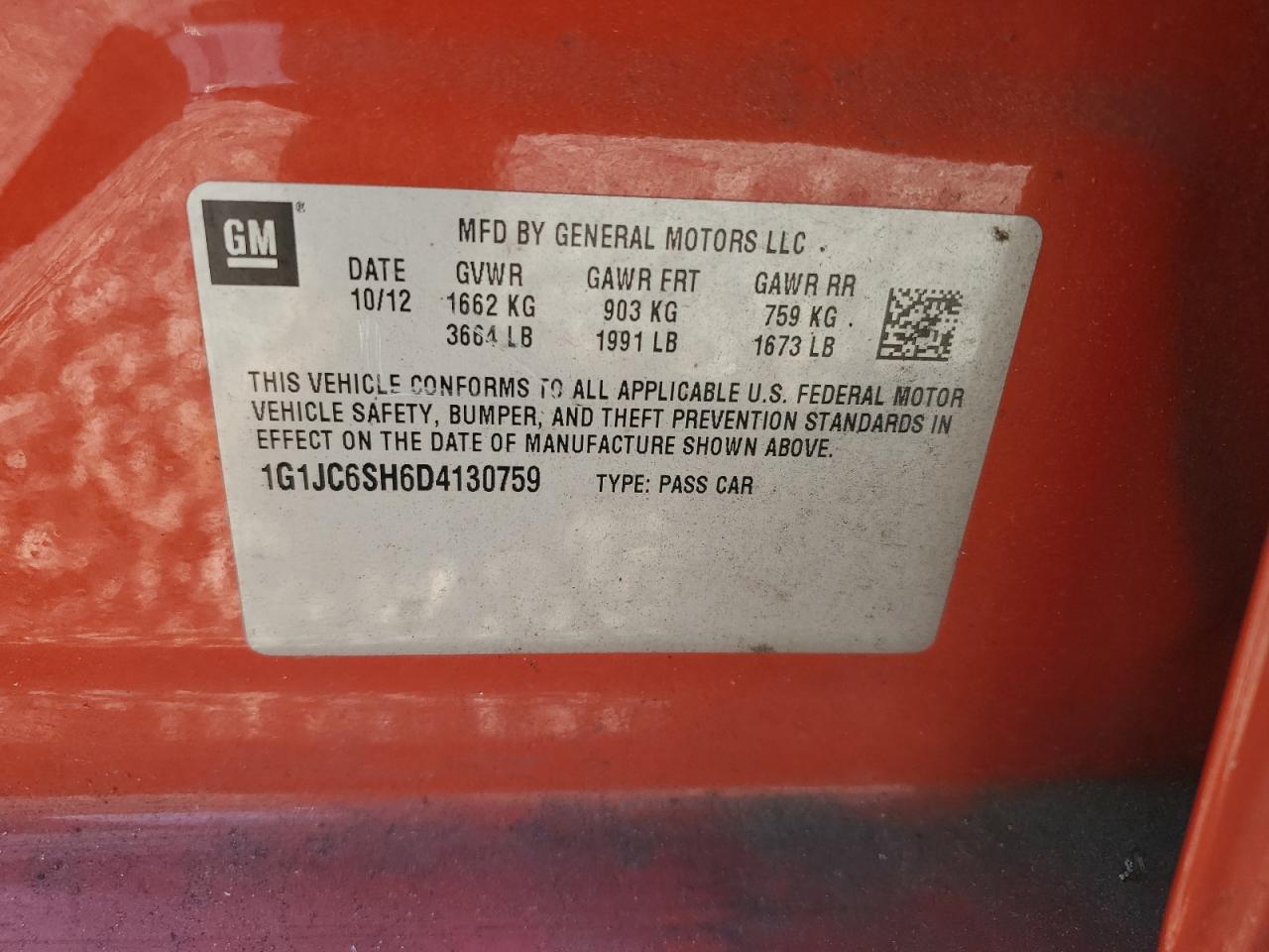 2013 Chevrolet Sonic Lt VIN: 1G1JC6SH6D4130759 Lot: 66520825