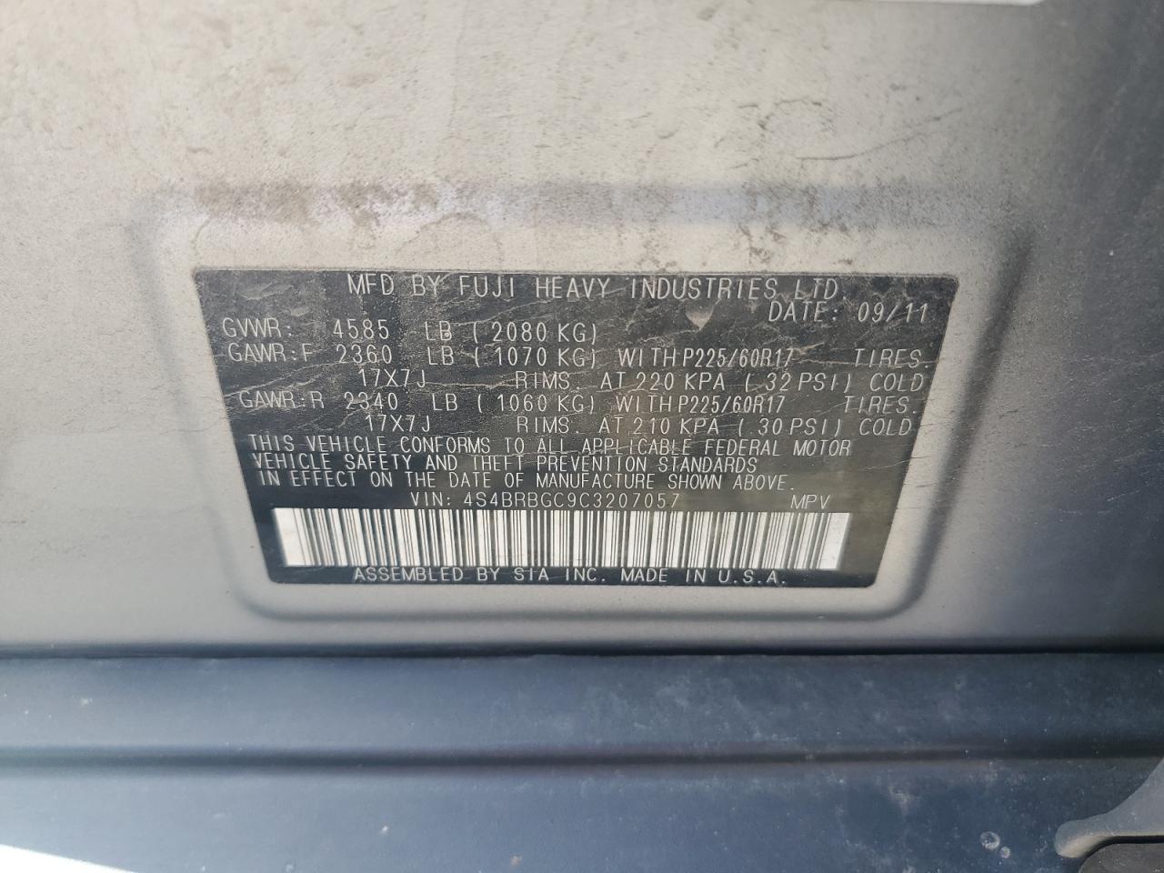 2012 Subaru Outback 2.5I Premium VIN: 4S4BRBGC9C3207057 Lot: 64309855