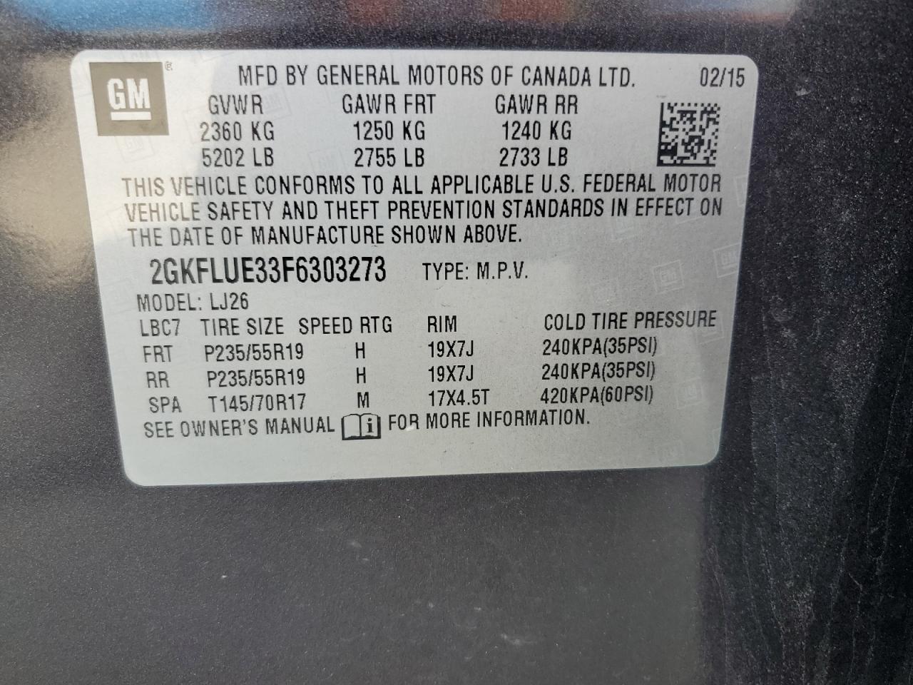 2015 GMC Terrain Denali VIN: 2GKFLUE33F6303273 Lot: 63159685