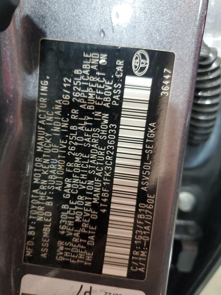 2012 Toyota Camry Base VIN: 4T4BF1FK3CR236033 Lot: 65806625