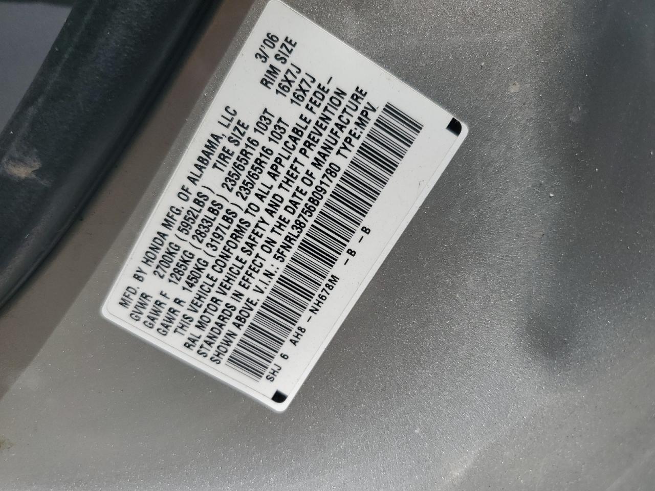 2006 Honda Odyssey Exl VIN: 5FNRL38756B091780 Lot: 63302825