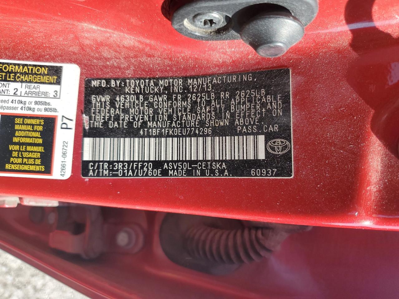 2014 Toyota Camry L VIN: 4T1BF1FK0EU774296 Lot: 64608795