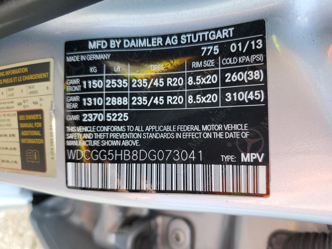 2013 Mercedes-Benz Glk 350 VIN: WDCGG5HB8DG073041 Lot: 63510165