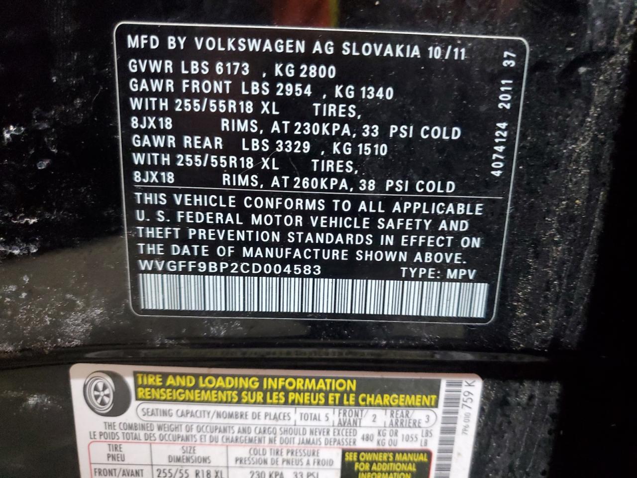 2012 Volkswagen Touareg V6 VIN: WVGFF9BP2CD004583 Lot: 64602705