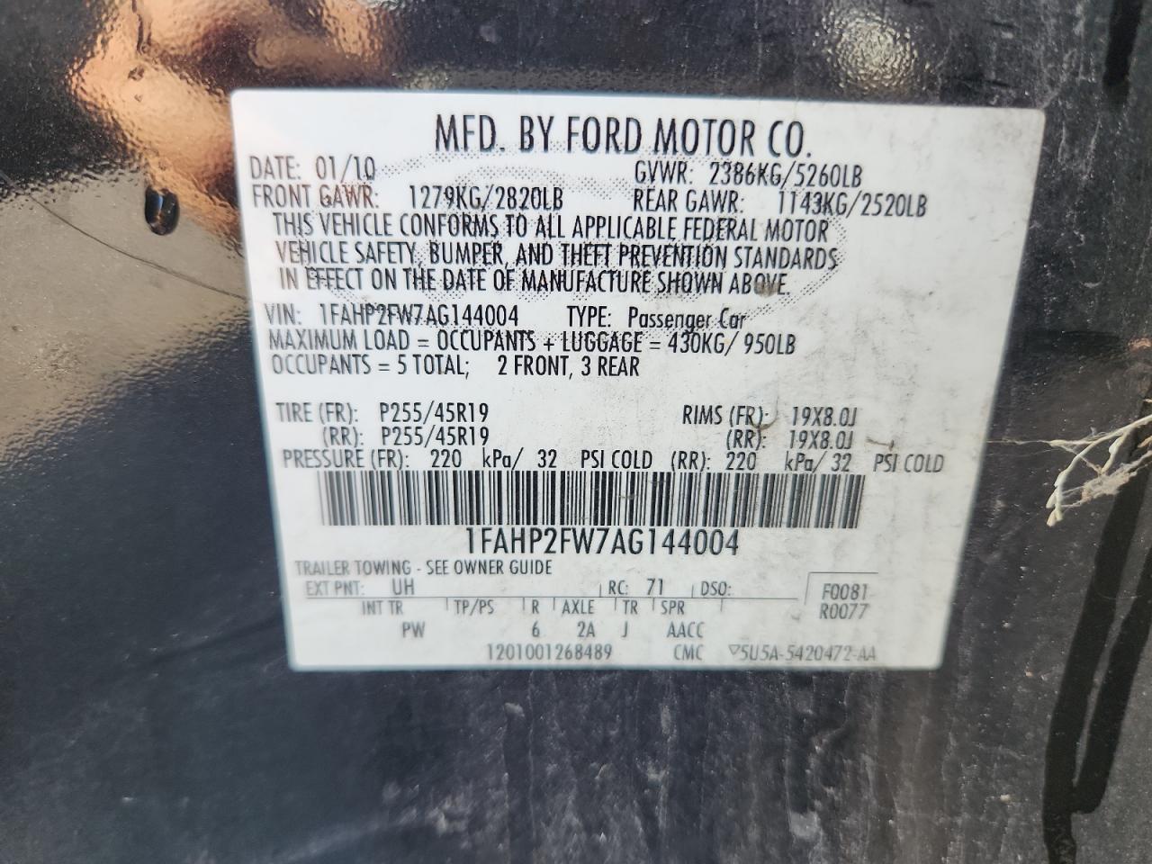 2010 Ford Taurus Limited VIN: 1FAHP2FW7AG144004 Lot: 63758755