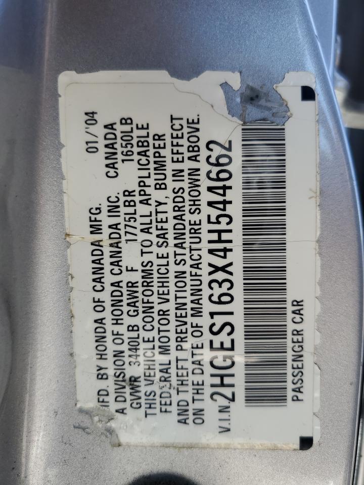 2004 Honda Civic Dx Vp VIN: 2HGES163X4H544662 Lot: 64749635