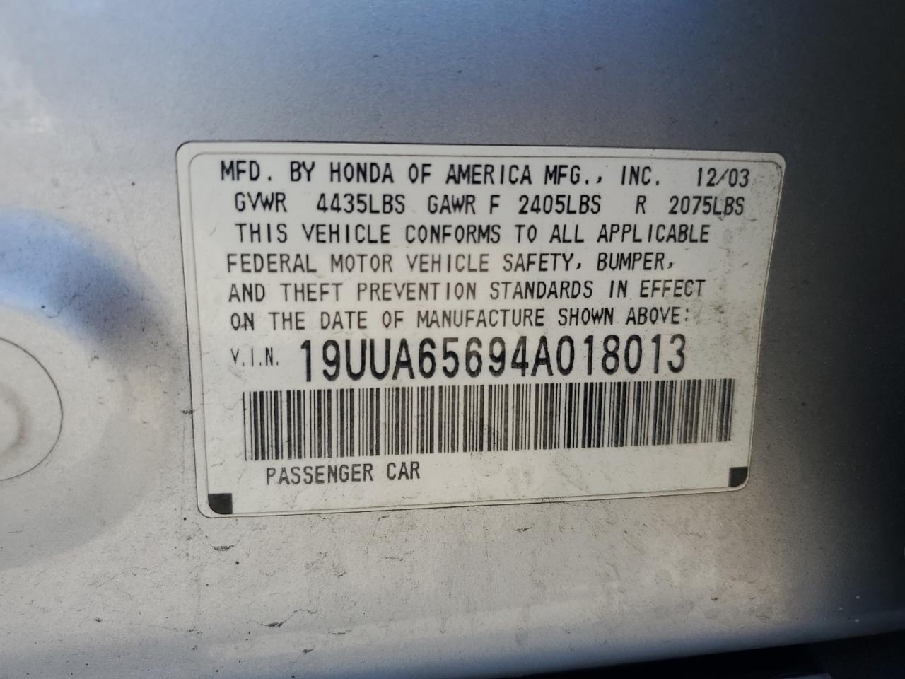 2004 Acura Tl VIN: 19UUA65694A018013 Lot: 66881925