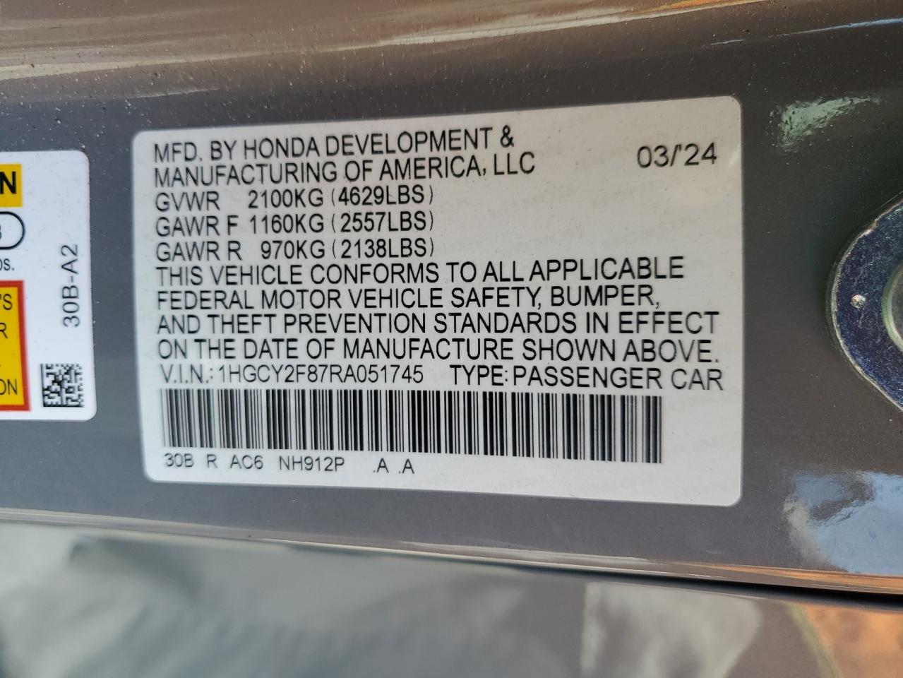 2024 Honda Accord Touring Hybrid VIN: 1HGCY2F87RA051745 Lot: 66949625