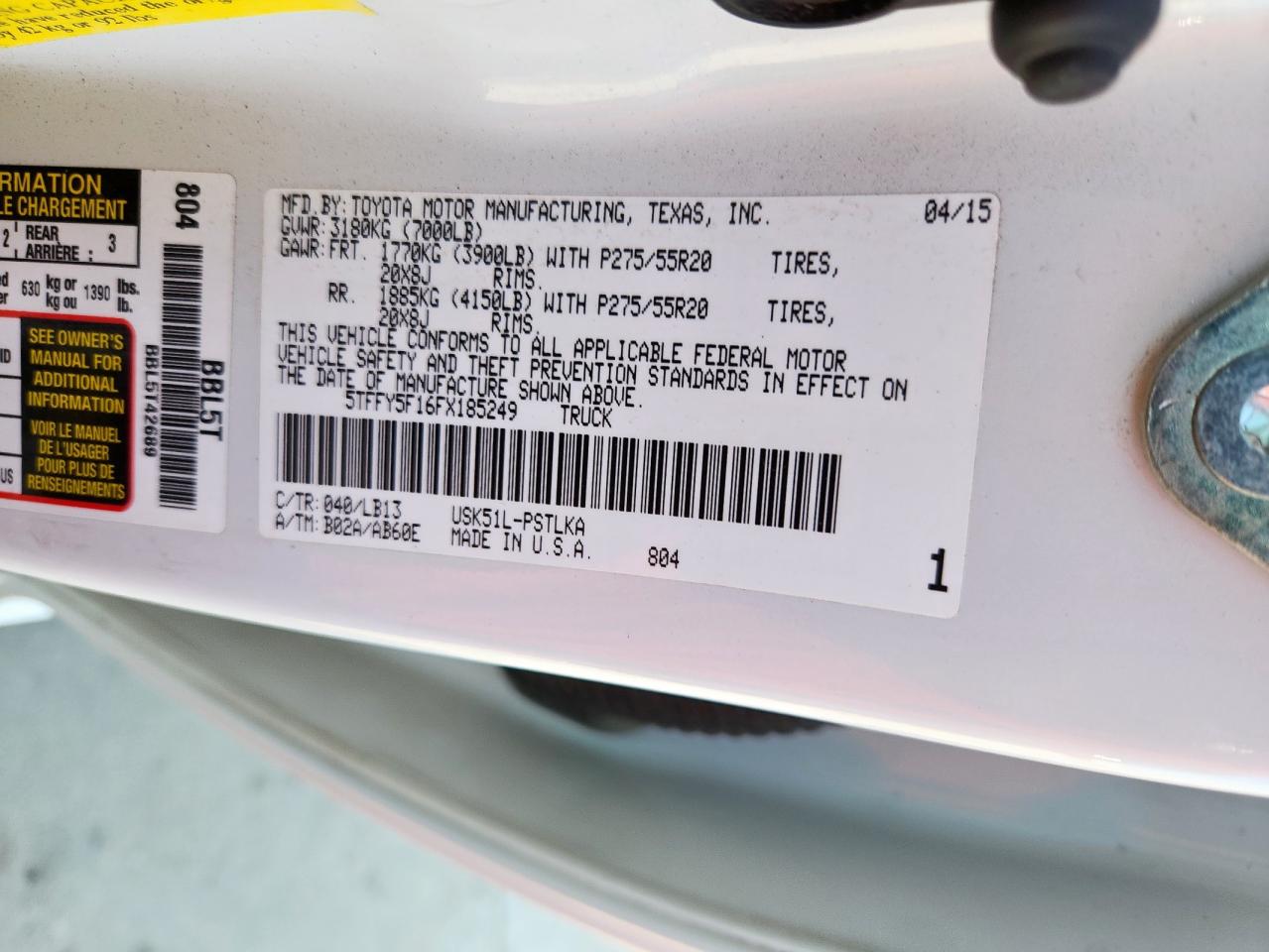 2015 Toyota Tundra Crewmax Limited VIN: 5TFFY5F16FX185249 Lot: 64613455