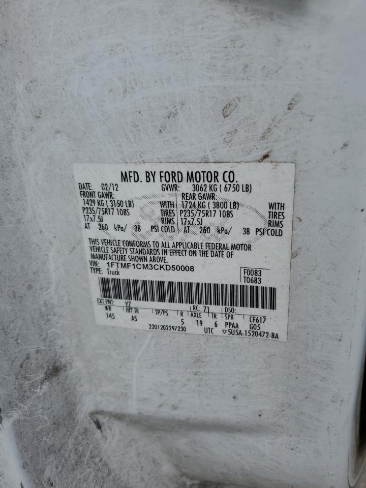 2012 Ford F150 VIN: 1FTMF1CM3CKD50008 Lot: 65497265