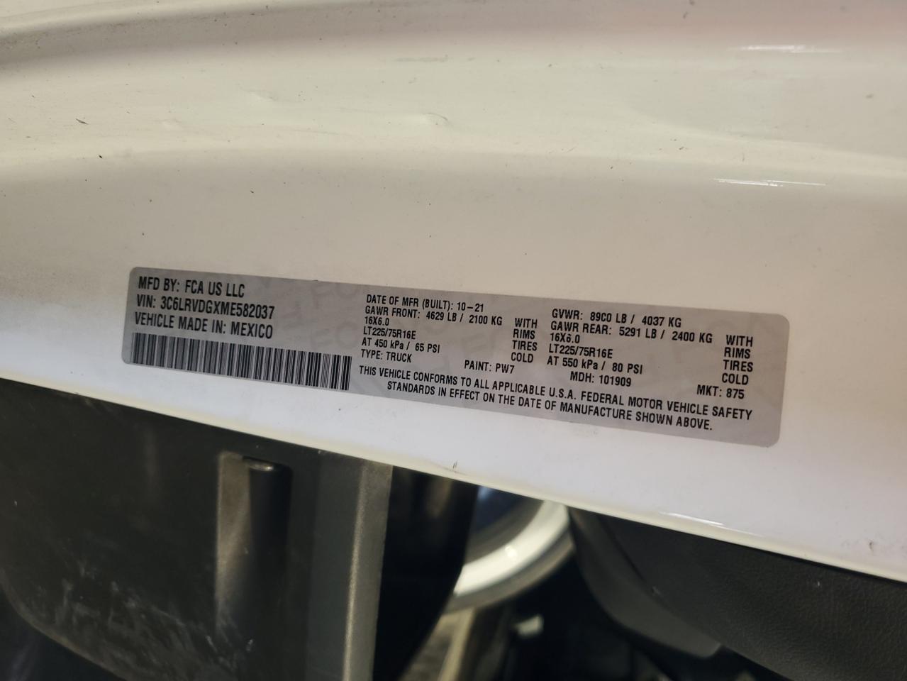 2021 Ram Promaster 2500 2500 High VIN: 3C6LRVDGXME582037 Lot: 62647405