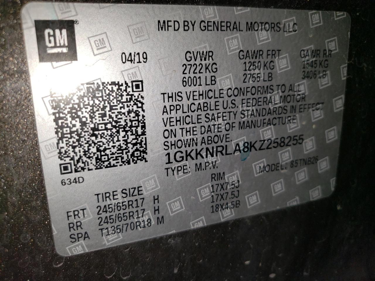 2019 GMC Acadia Sle VIN: 1GKKNRLA8KZ258255 Lot: 67304115