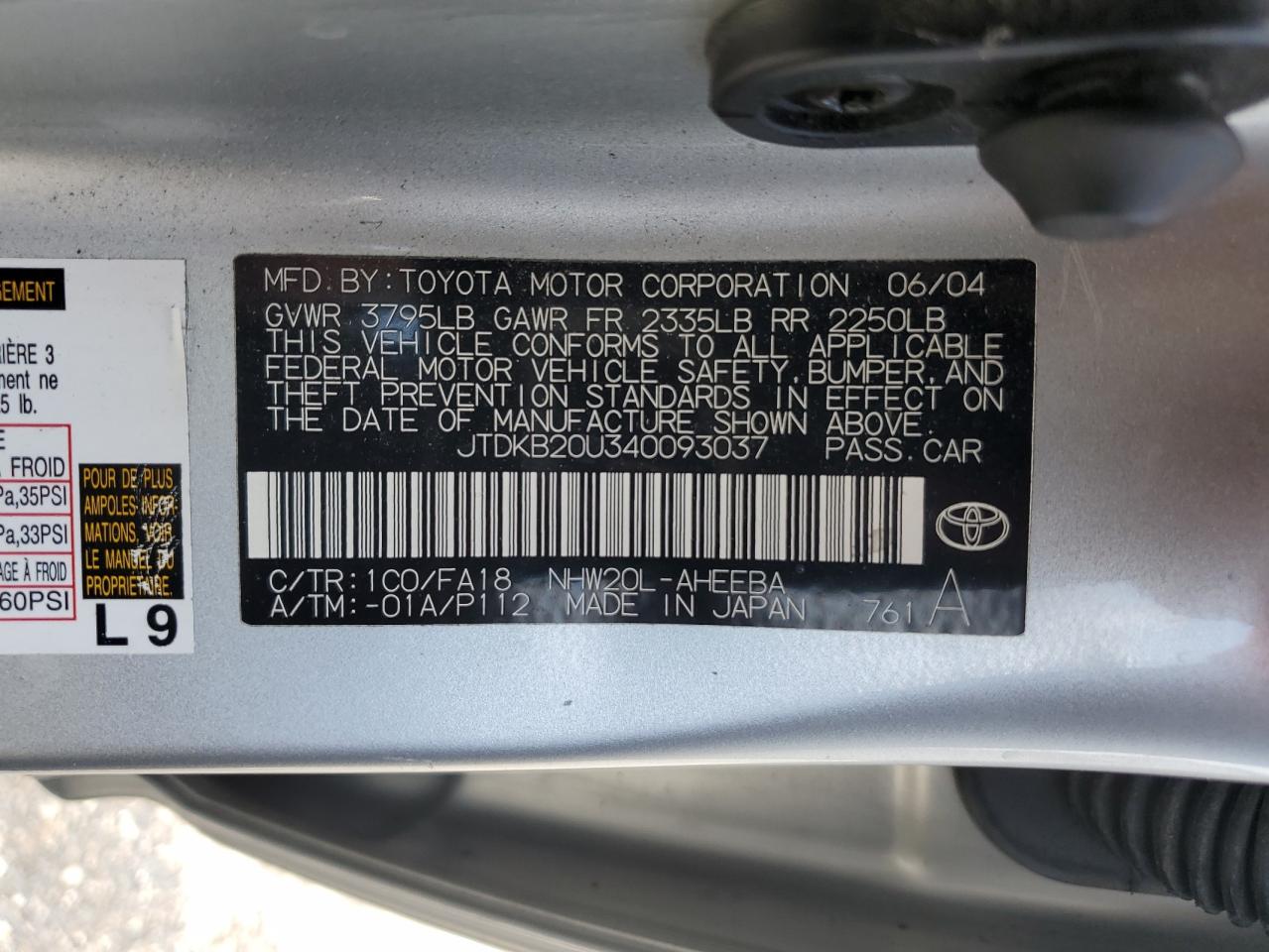 2004 Toyota Prius VIN: JTDKB20U340093037 Lot: 65467835