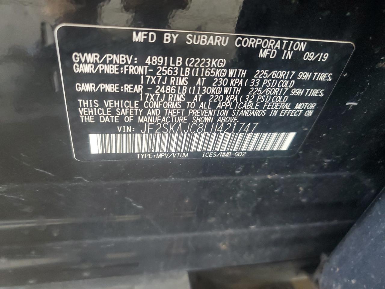 2020 Subaru Forester Premium VIN: JF2SKAJC8LH421747 Lot: 64591865