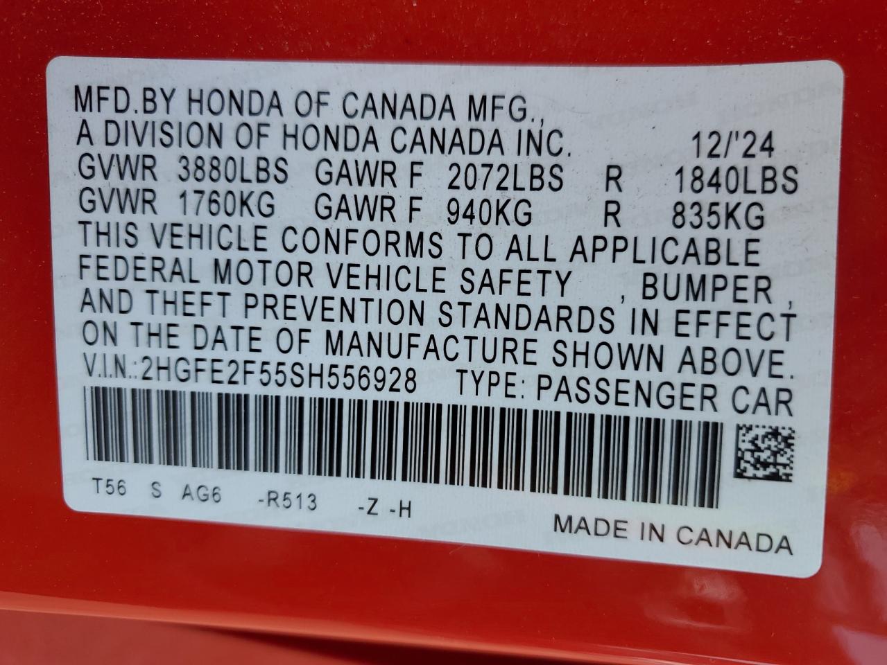 2025 Honda Civic Sport VIN: 2HGFE2F55SH556928 Lot: 66692225