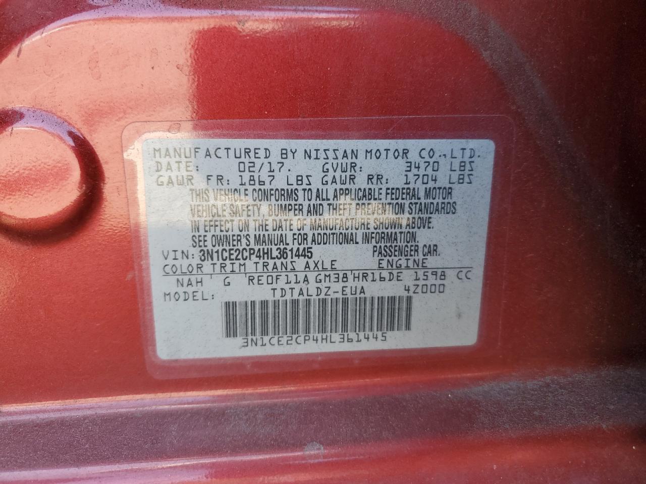 2017 Nissan Versa Note S VIN: 3N1CE2CP4HL361445 Lot: 64514415