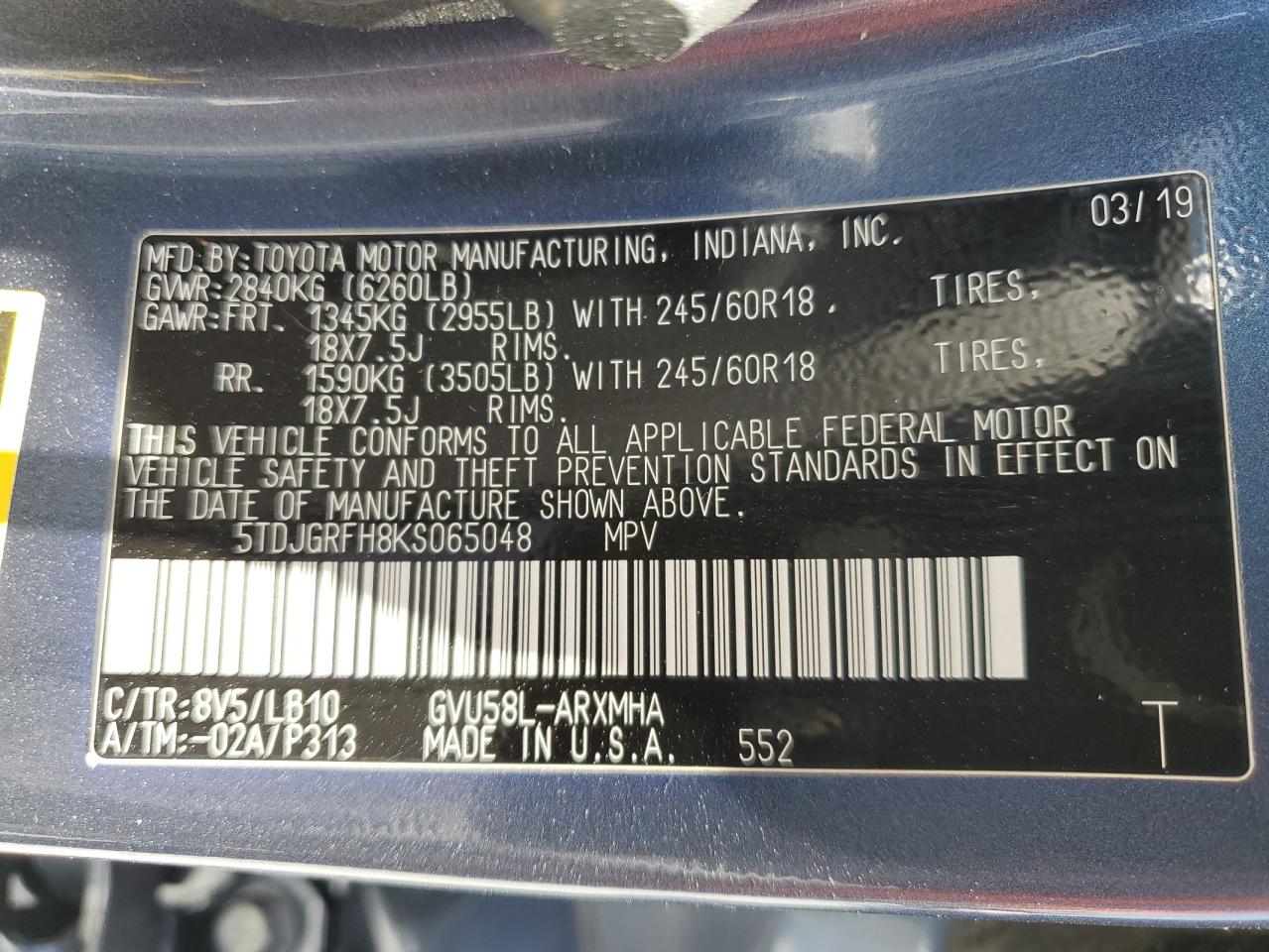 2019 Toyota Highlander Hybrid VIN: 5TDJGRFH8KS065048 Lot: 64462745