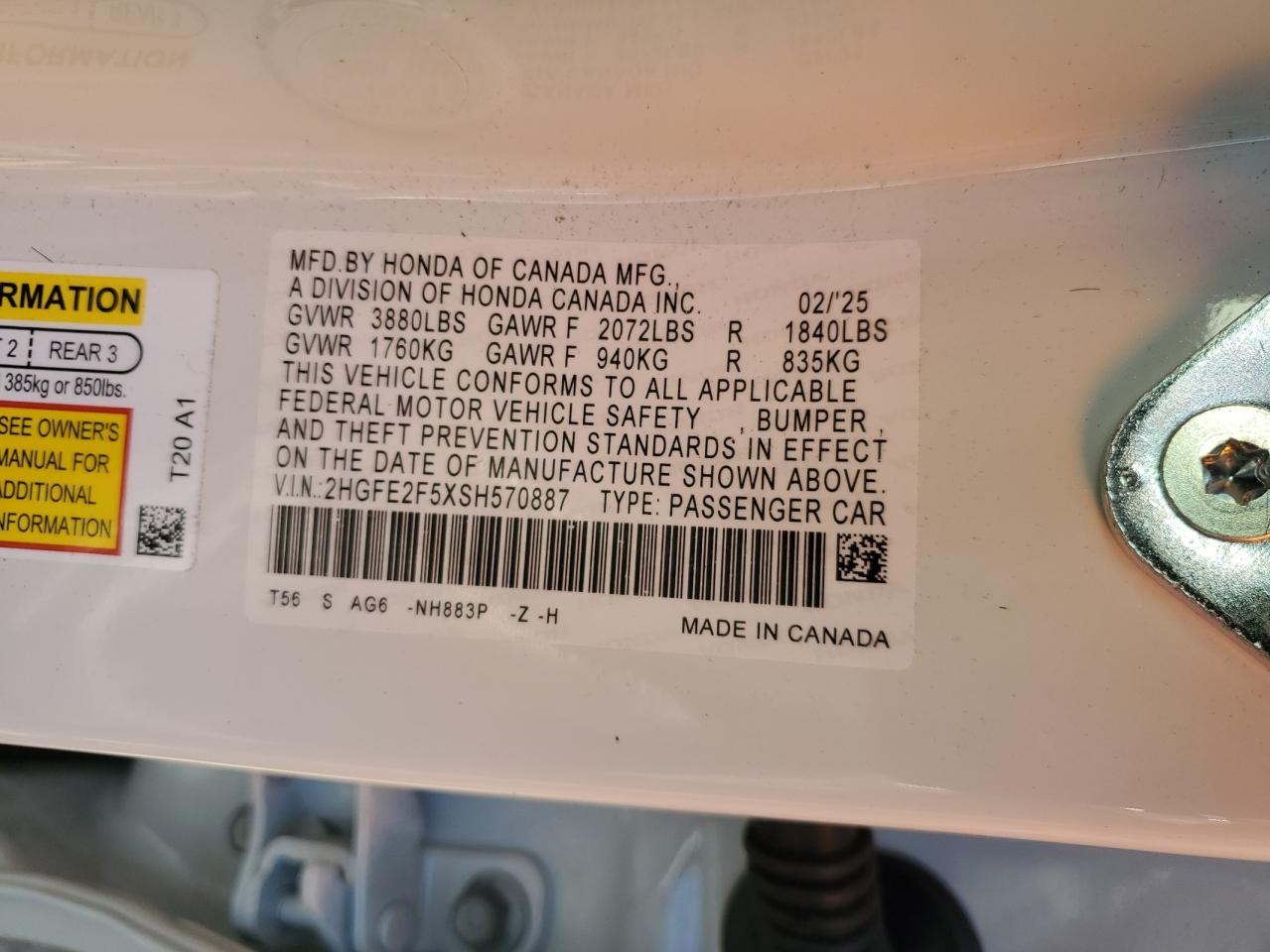 2025 Honda Civic Sport VIN: 2HGFE2F5XSH570887 Lot: 66272045