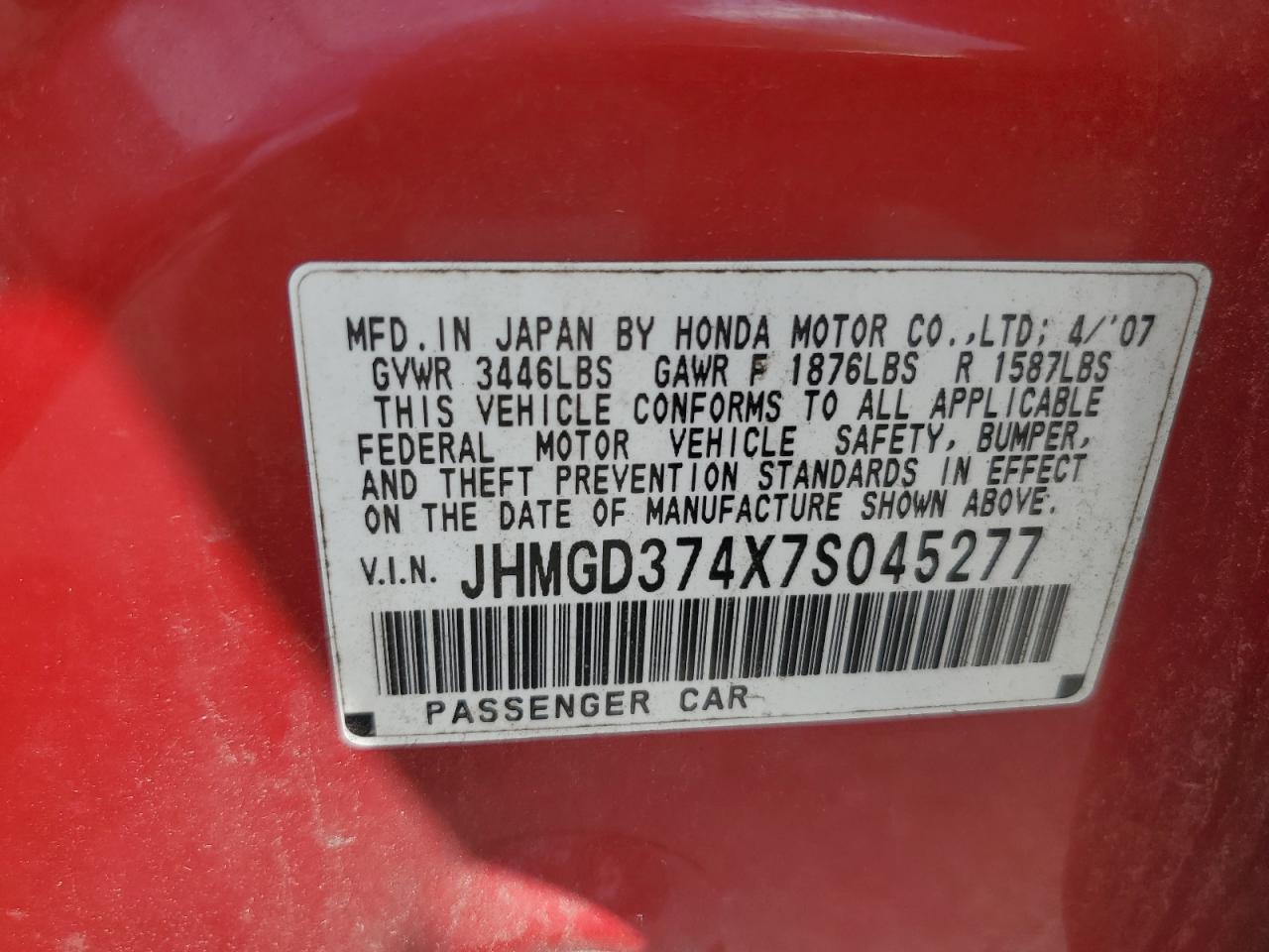 2007 Honda Fit VIN: JHMGD374X7S045277 Lot: 64231155