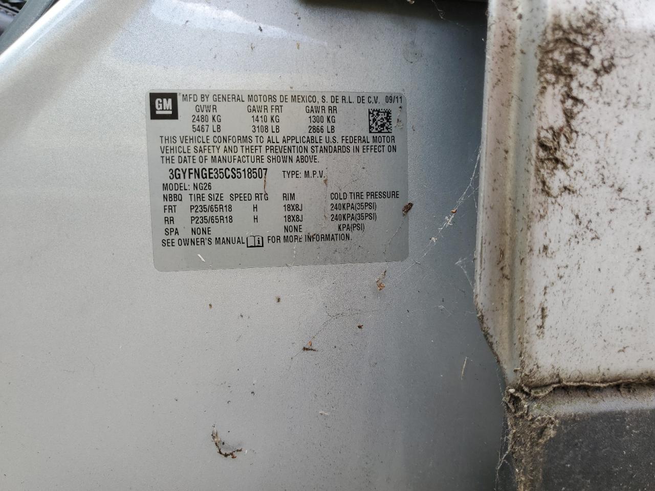 2012 Cadillac Srx VIN: 3GYFNGE35CS518507 Lot: 65800505