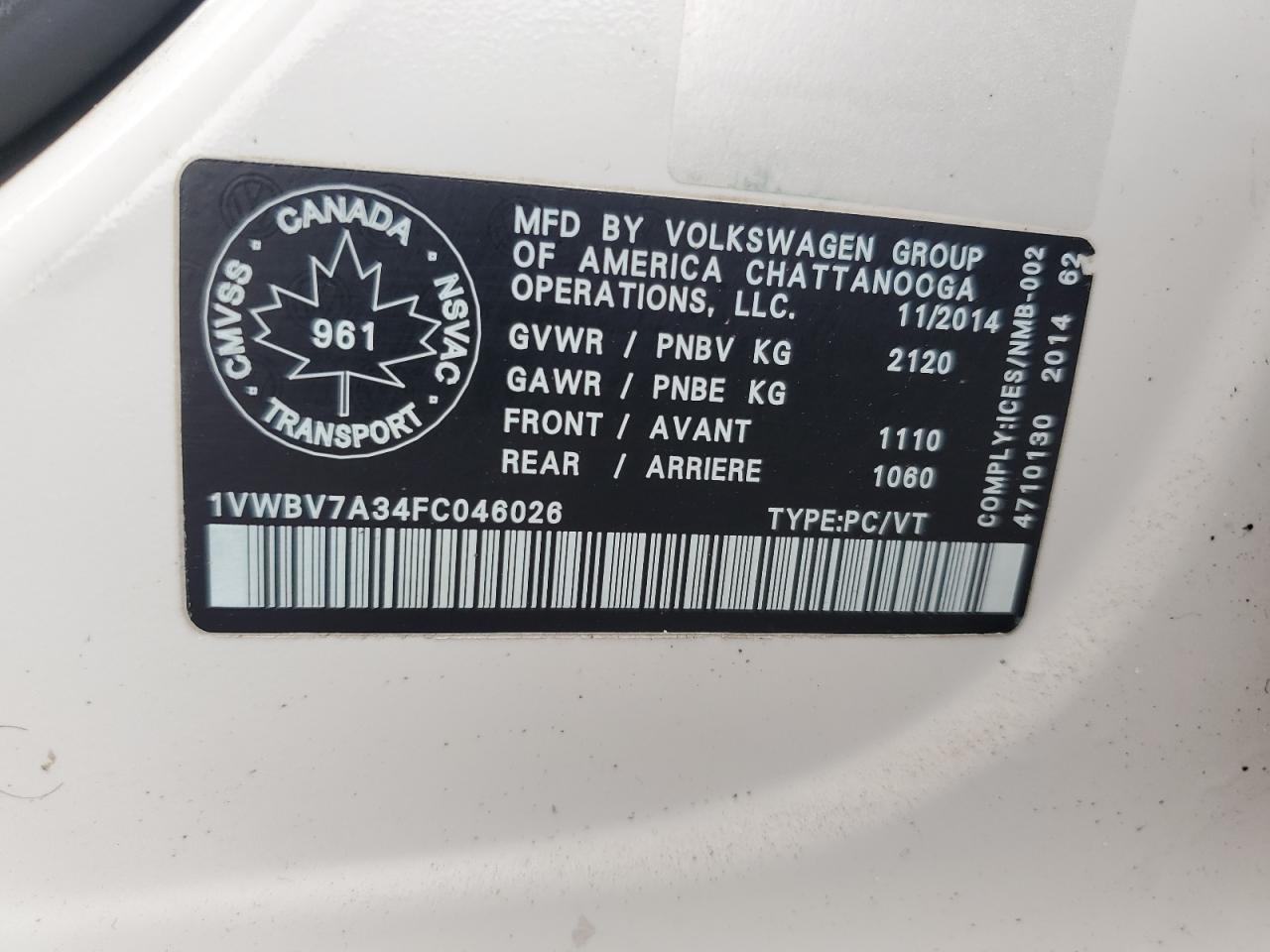 2015 Volkswagen Passat Se VIN: 1VWBV7A34FC046026 Lot: 65122225