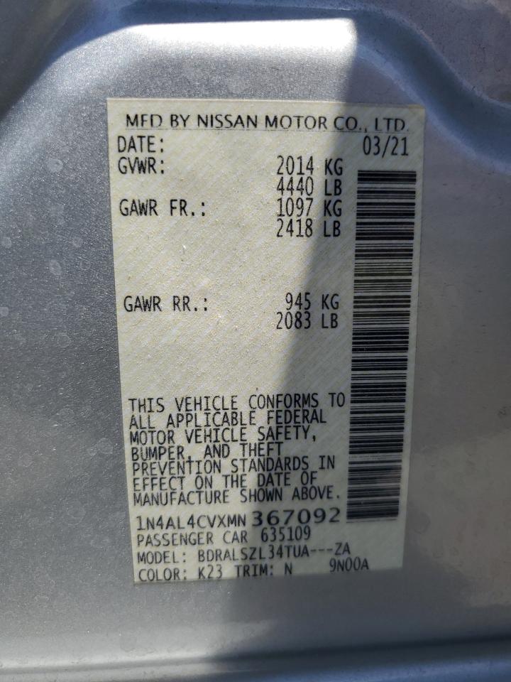 2021 Nissan Altima Sr VIN: 1N4AL4CVXMN367092 Lot: 64511055