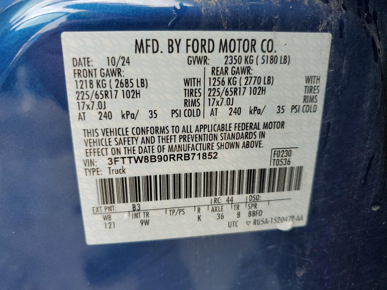 2024 Ford Maverick Xl VIN: 3FTTW8B90RRB71852 Lot: 64235255