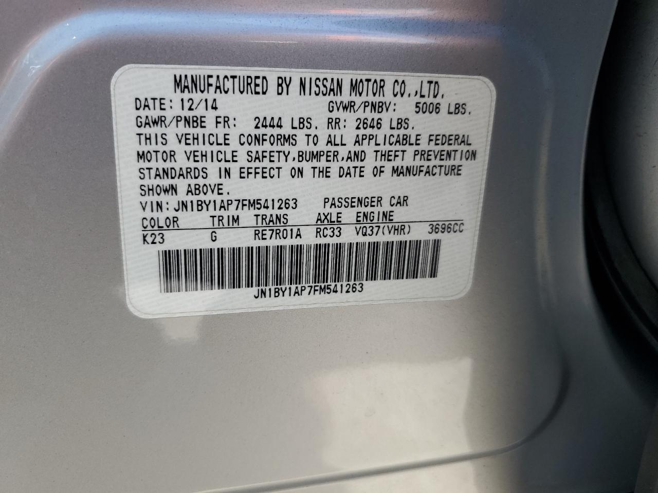 2015 Infiniti Q70 3.7 VIN: JN1BY1AP7FM541263 Lot: 64997565