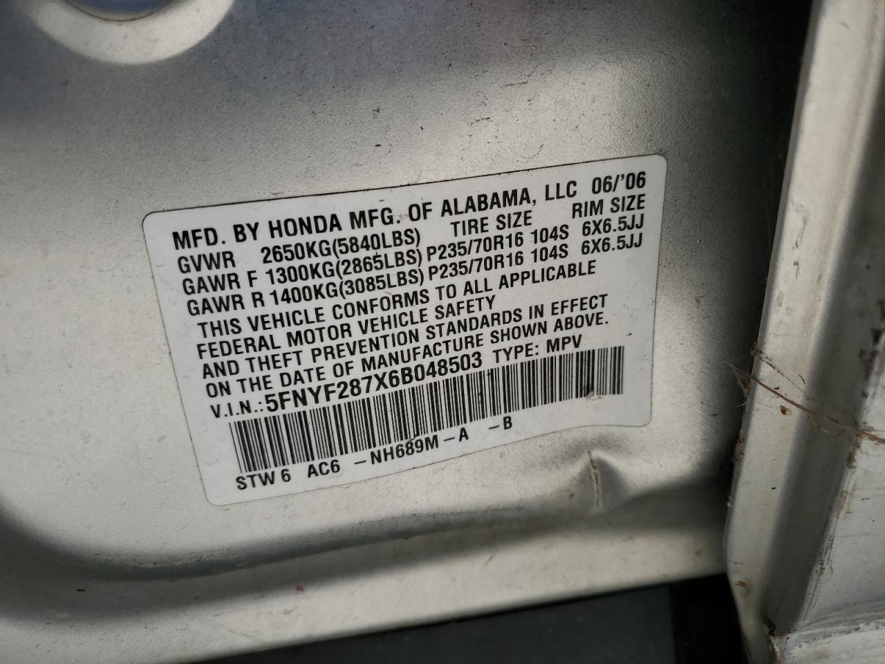 2006 Honda Pilot Ex VIN: 5FNYF287X6B048503 Lot: 65083275